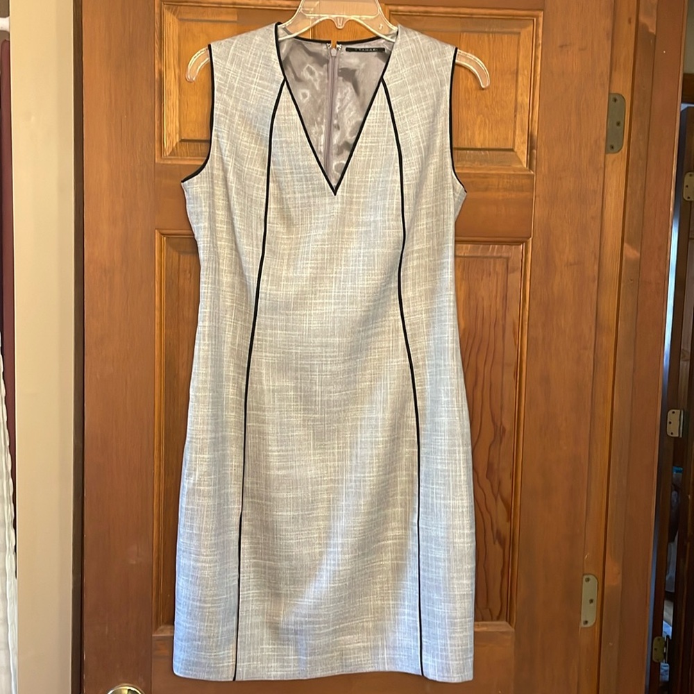 Tahari Light Gray Sheath Dress with Black Piping